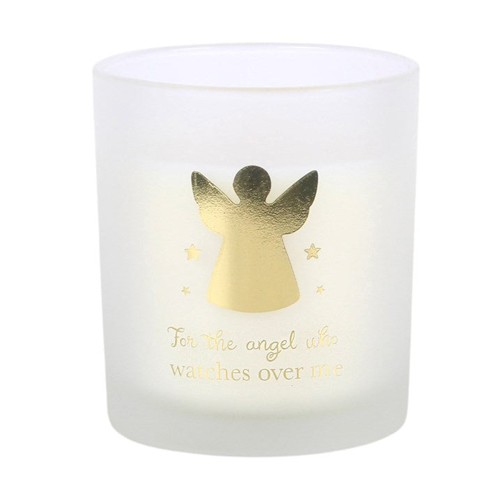 Vanilla & coconut scented candle, white glass jar with gold angel and star accents