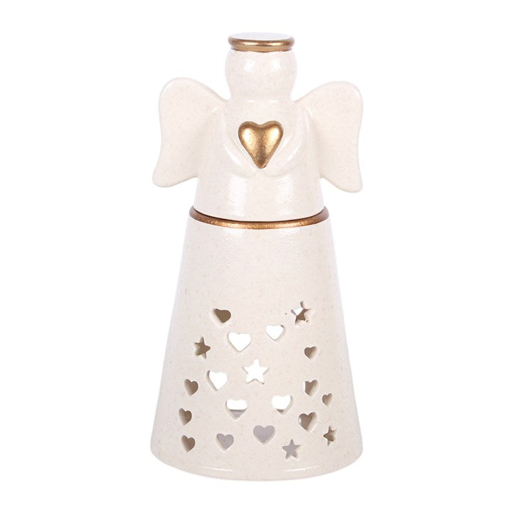 Angel oil burner with wide wings, gold heart on chest, heart and star cutouts
