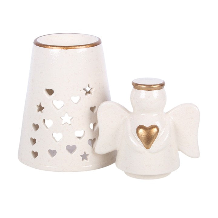 Set of angel oil burners, one with gold heart chest, one tall with heart-star cutouts