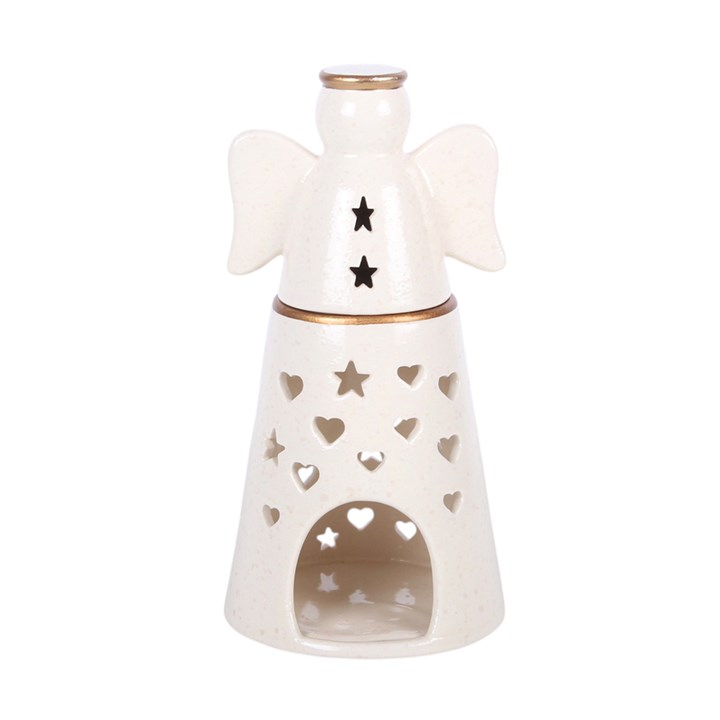 Angel oil burner with star chest accents and heart window cutout, gold-trimmed rim