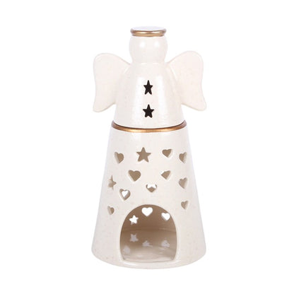 Angel oil burner with star chest accents and heart window cutout, gold-trimmed rim