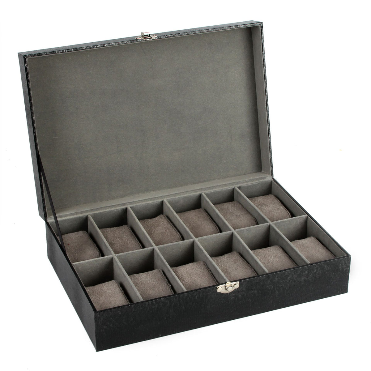 12-watch watch box, open with 12 padded slots and gray inserts, hinged lid