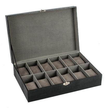 12-watch watch box, open with 12 padded slots and gray inserts, hinged lid