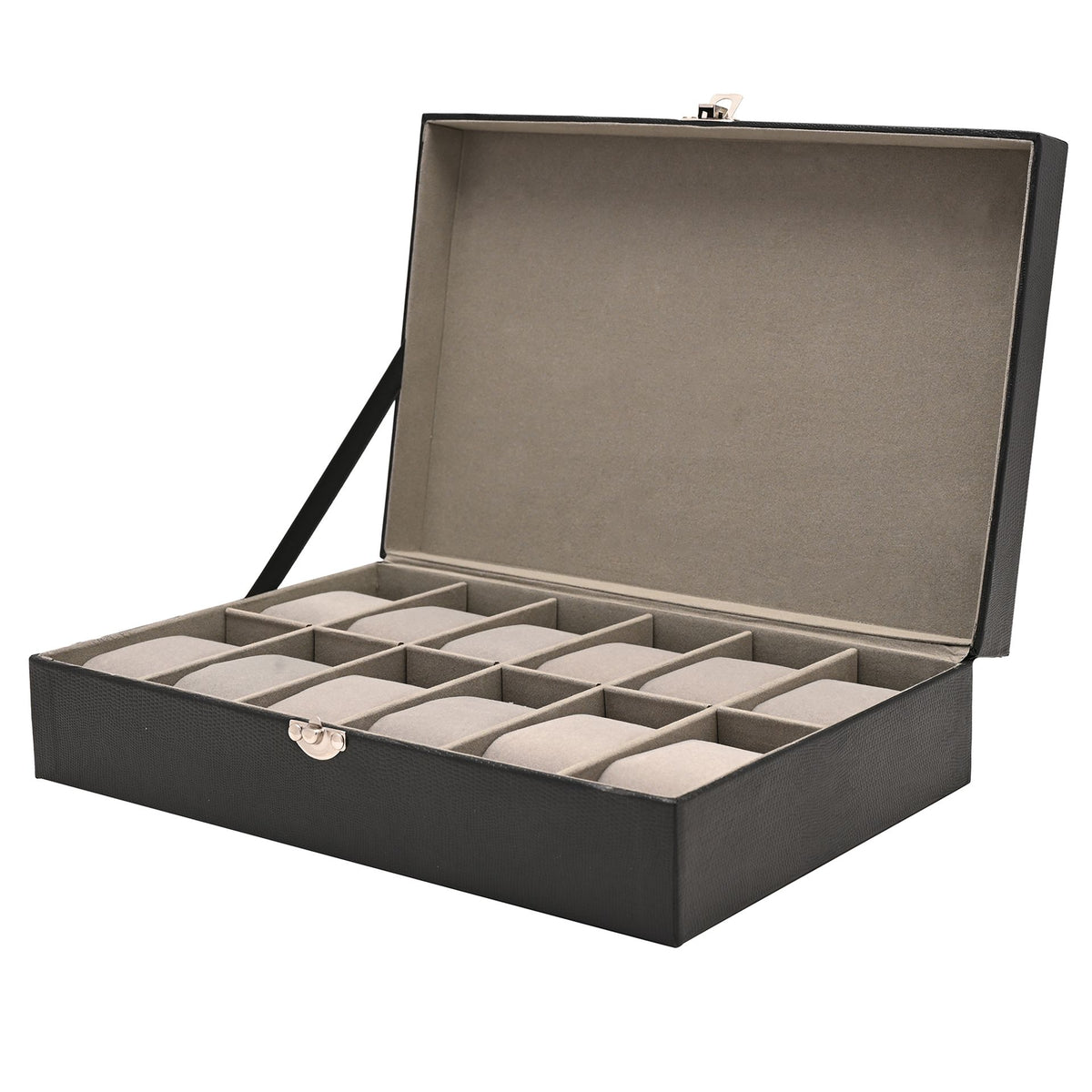 Lift-open 12-watch display box with gray padded compartments and metal front clasp