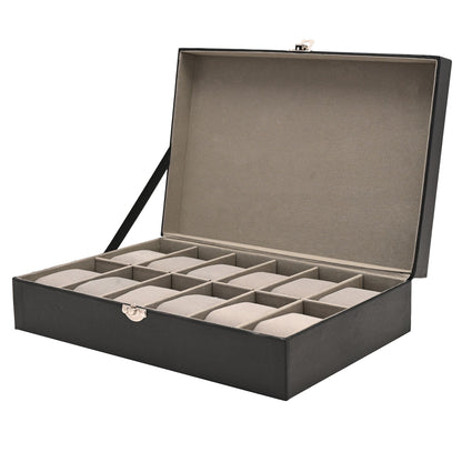 Lift-open 12-watch display box with gray padded compartments and metal front clasp