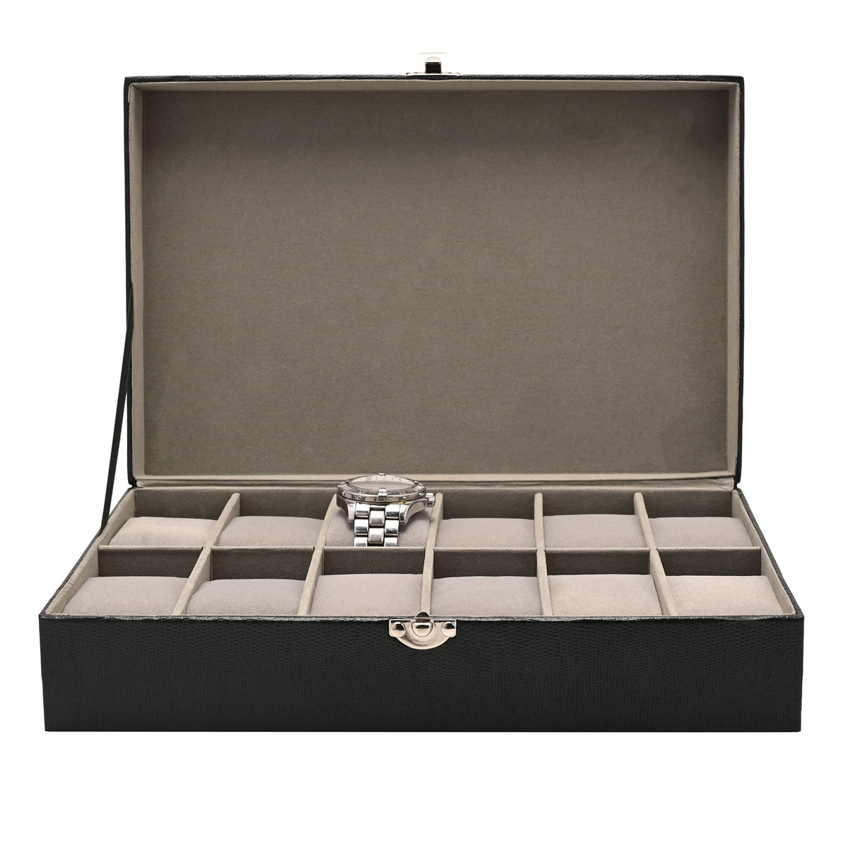 12-watch watch box with lid open, gray cushion dividers and a center watch rest