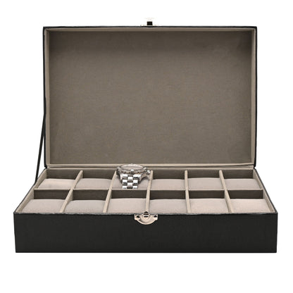 12-watch watch box with lid open, gray cushion dividers and a center watch rest