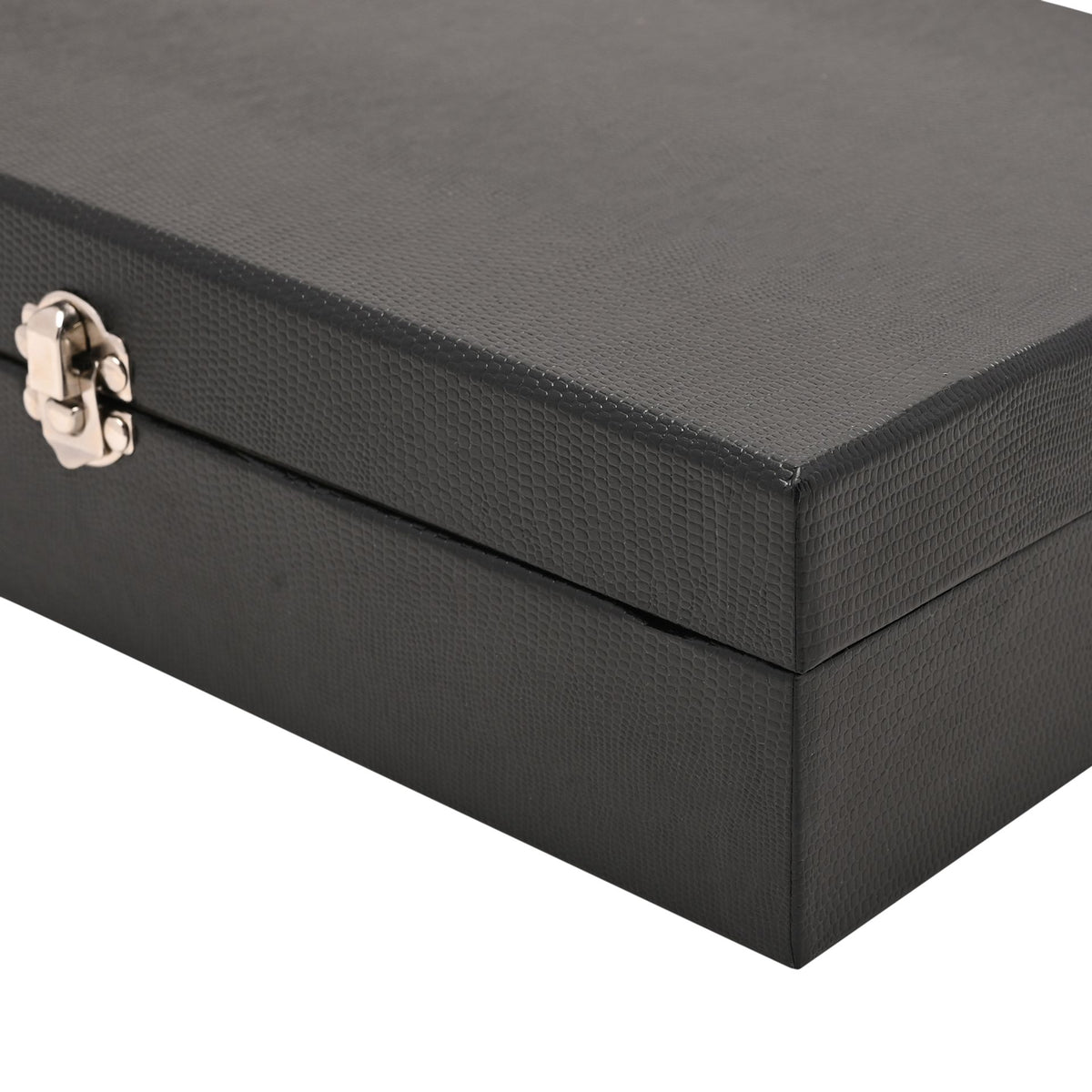 Textured faux-lizard vinyl watch box corner with metal clasp latch on lid