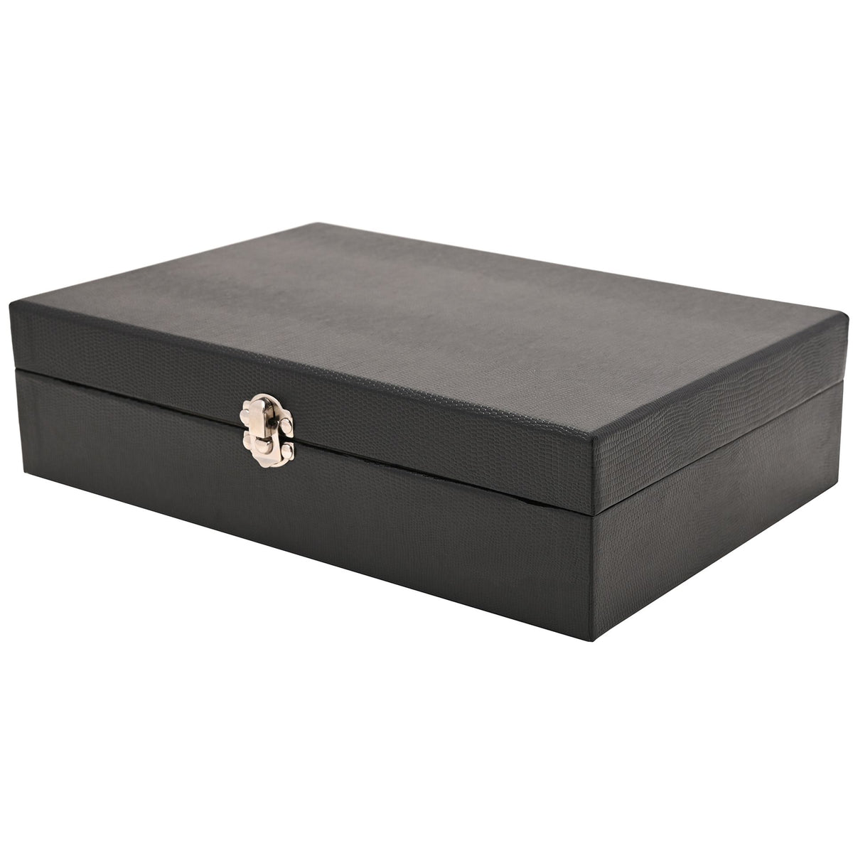 Rectangular 12-watch watch box with textured vinyl finish and metal front latch