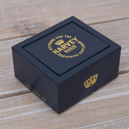 Harvey Makin cufflinks gift box with logo and slogan printed on lid