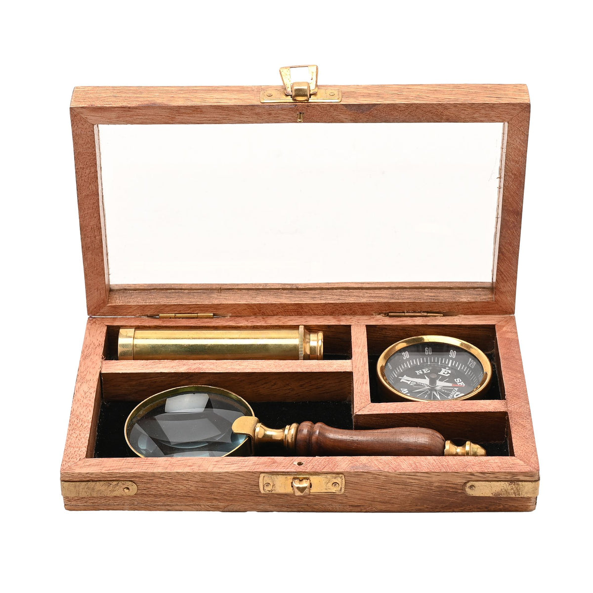 Wooden telescope, compass, and magnifying glass set with open hinged case
