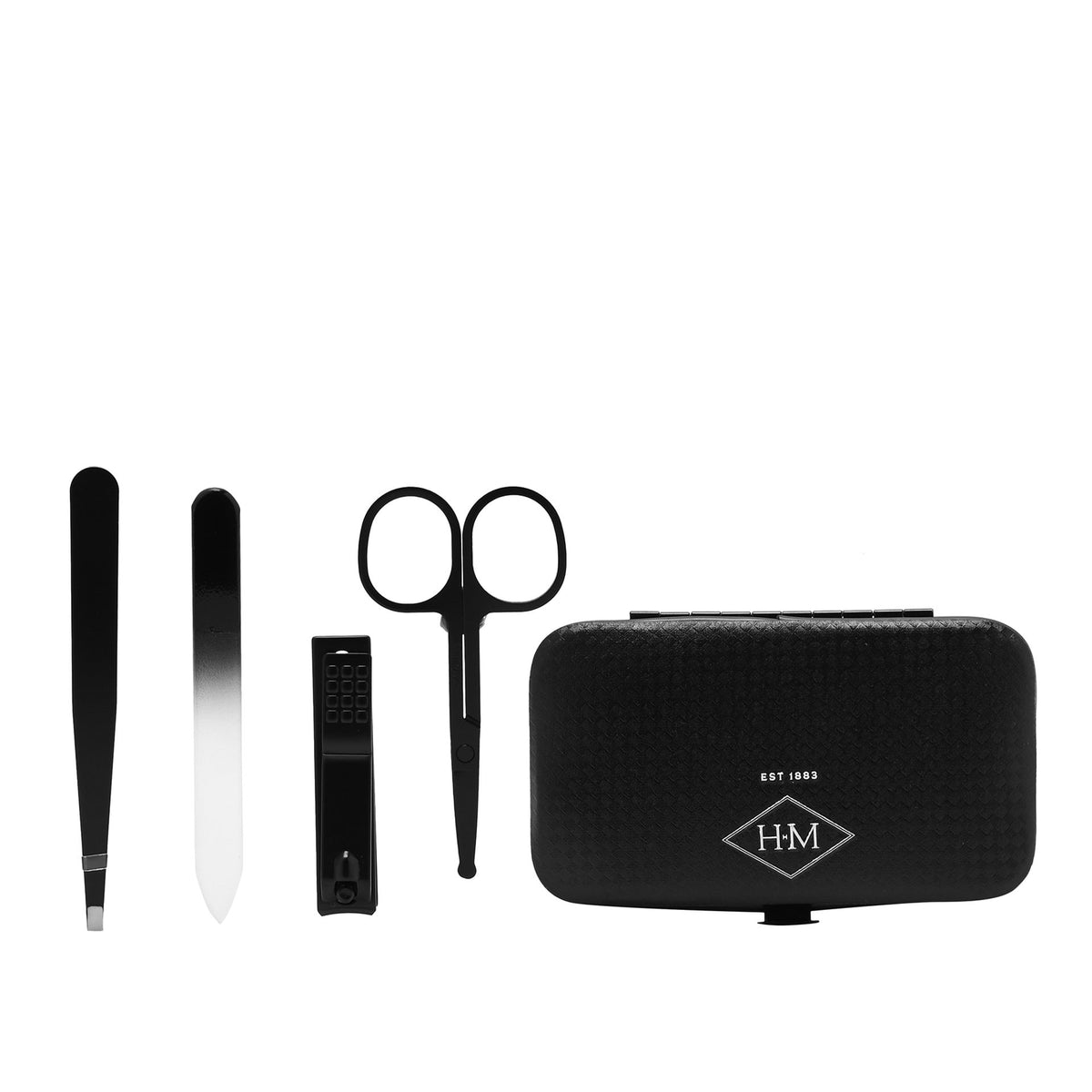 Manicure tool set with black case and HM logo; nail file, tweezers, clippers, scissors