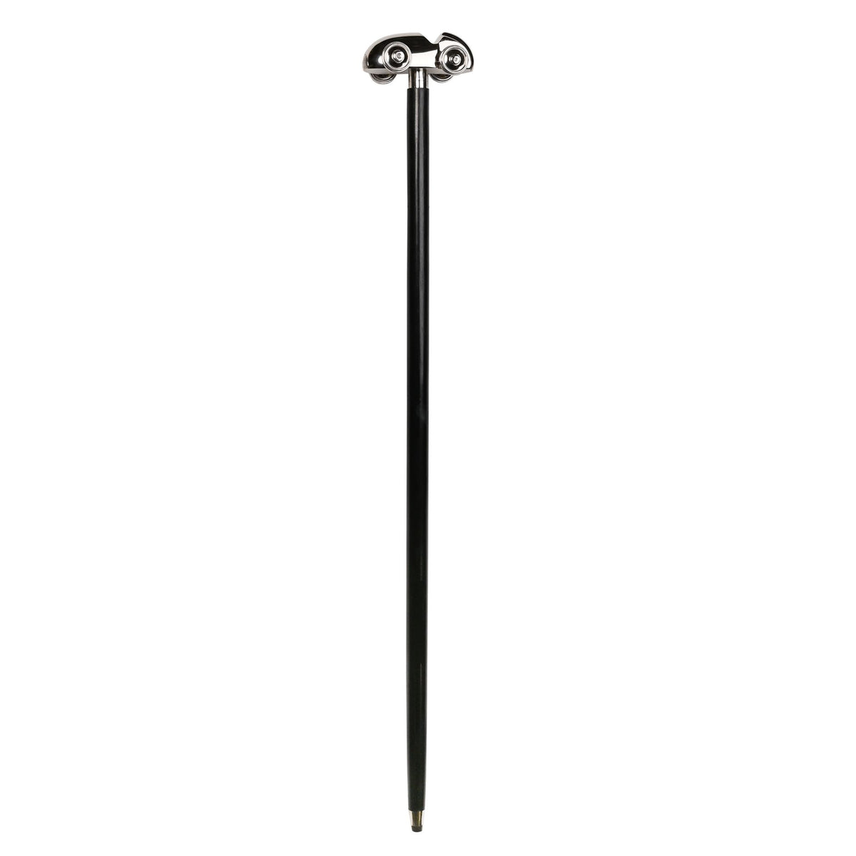 Walking stick with black shaft and chrome handle with circular fittings at top