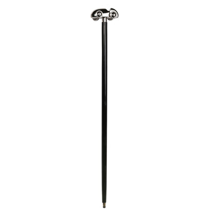 Walking stick with black shaft and chrome handle with circular fittings at top