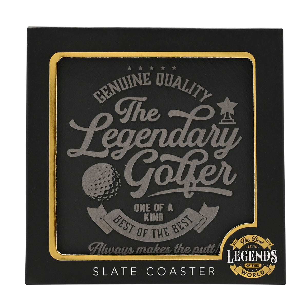 Boxed slate coaster with 'The Legendary Golfer' golf design and gold border