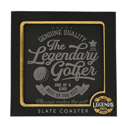 Boxed slate coaster with 'The Legendary Golfer' golf design and gold border