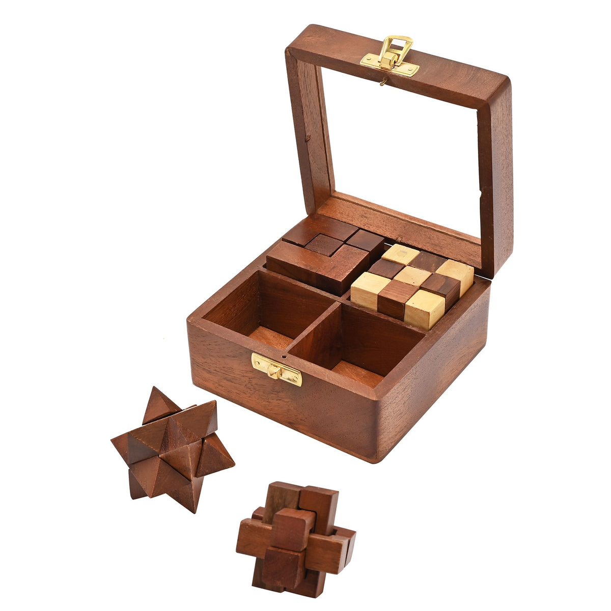 Wooden puzzle box with hinged lid, open compartments, and 4 geometric pieces