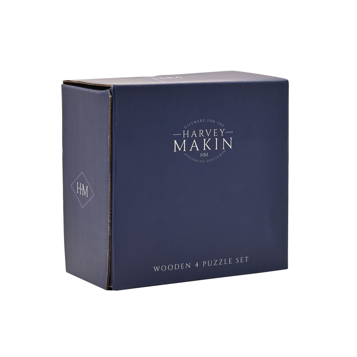 Harvey Makin wooden 4 puzzle set gift box packaging, navy blue