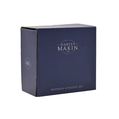 Harvey Makin wooden 4 puzzle set gift box packaging, navy blue