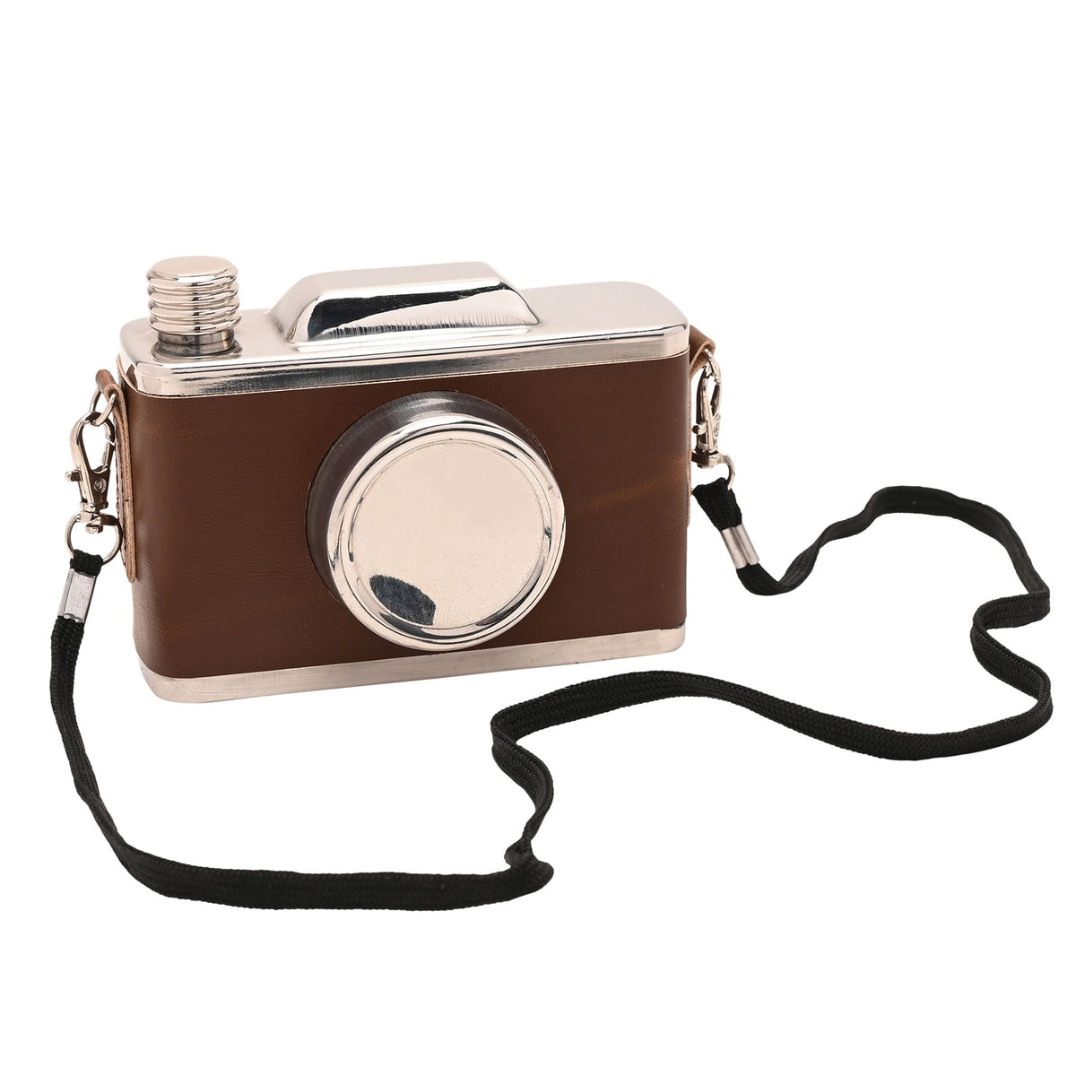 Leather-look hip flask with chrome round face, screw cap, and black carrying strap