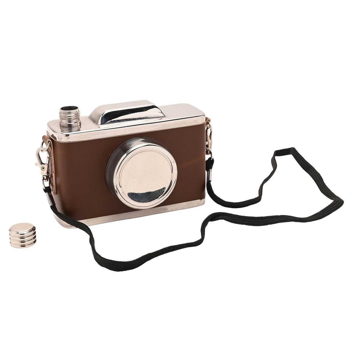 Leather-look hip flask with chrome lid and round front, black strap, extra screw cap