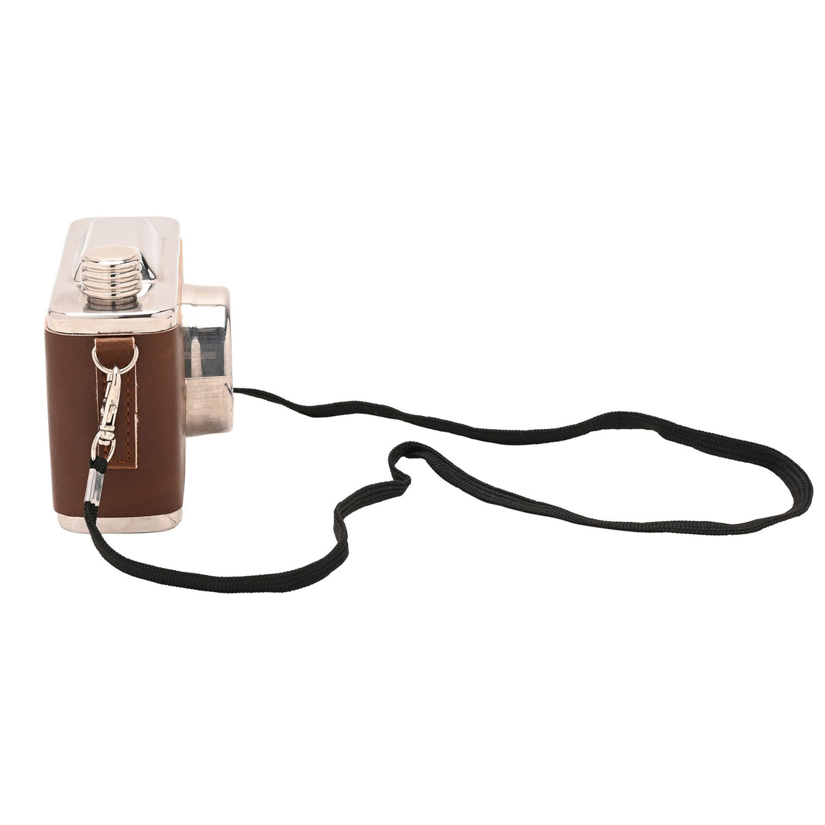 Leather-look hip flask side view with chrome screw cap and black shoulder strap