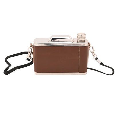 Leather-look hip flask with chrome top and front plate, black crossbody straps