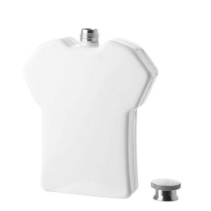 White hip flask with screw cap, football-shirt shaped; cap shown separately