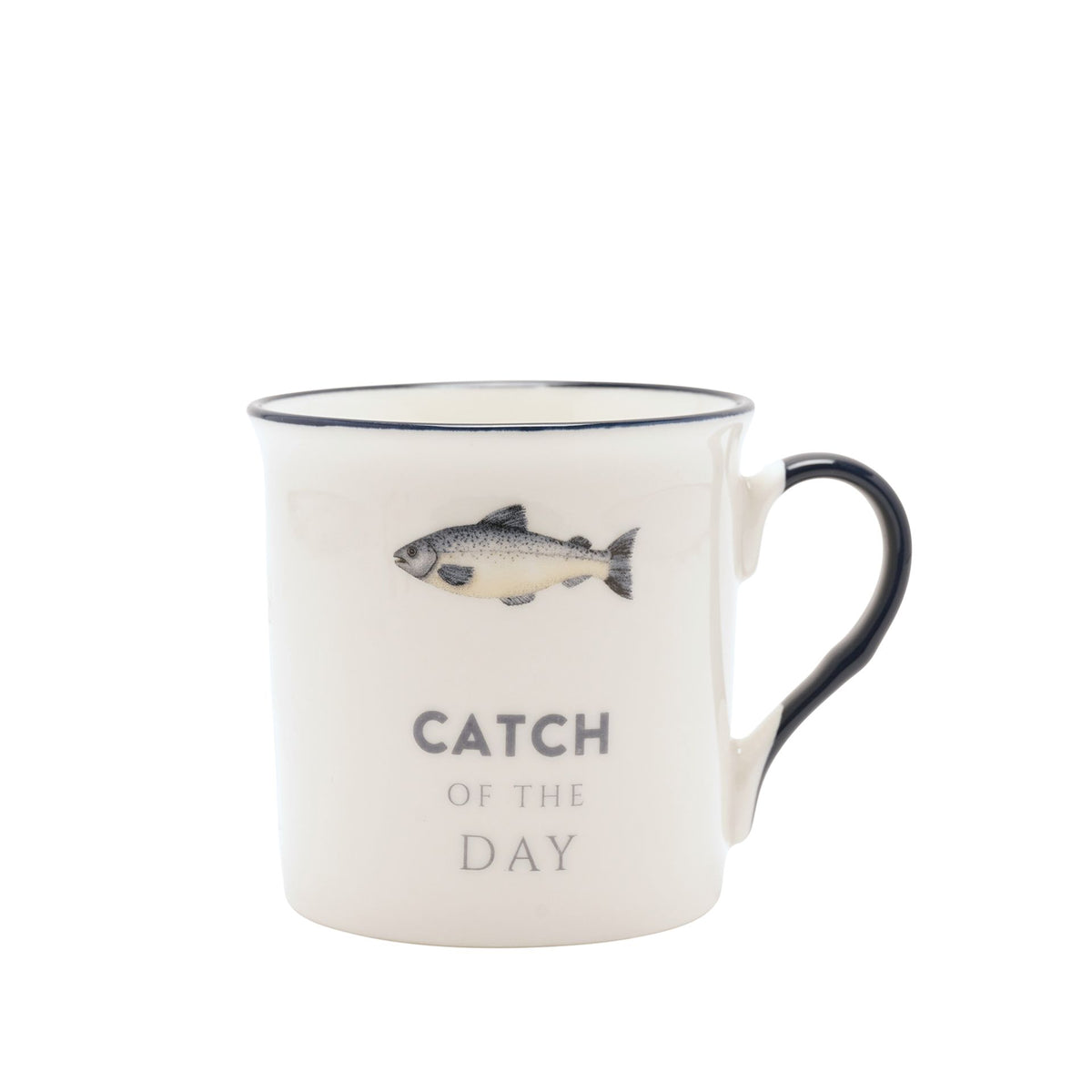 White fishing mug with blue rim, fish graphic, and centered 'CATCH OF THE DAY'
