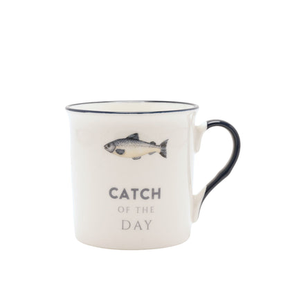 White fishing mug with blue rim, fish graphic, and centered 'CATCH OF THE DAY'