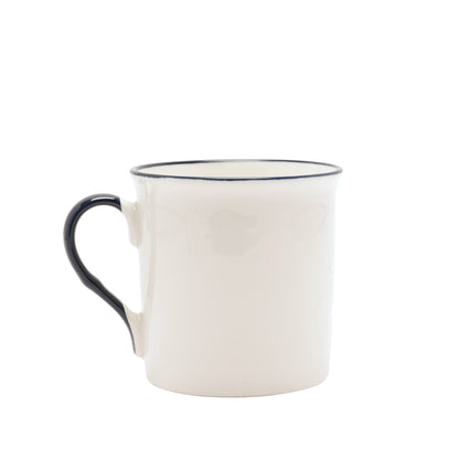 White ceramic fishing mug with blue handle and blue rim