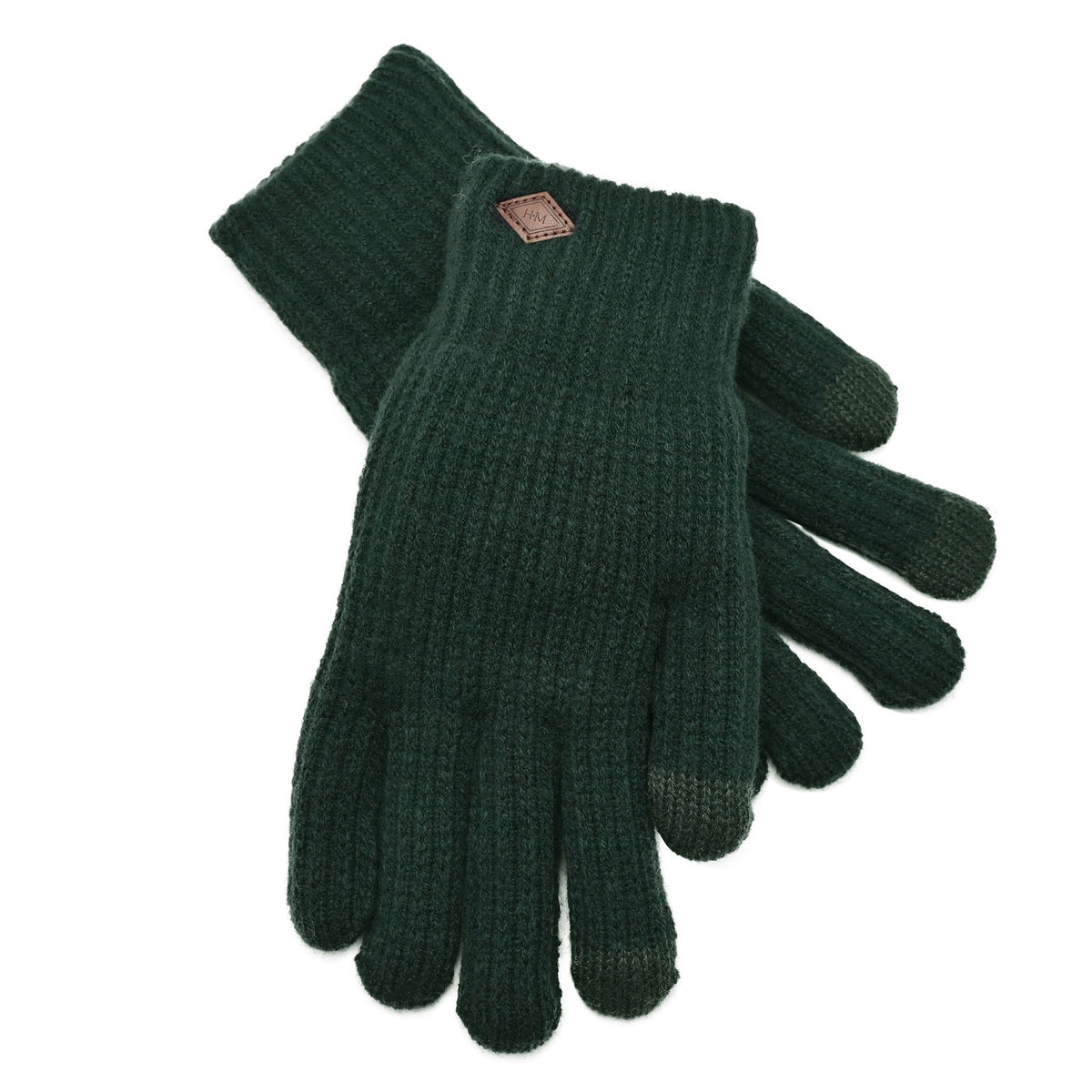 Dark green knitted gloves set with leather logo patch, front view