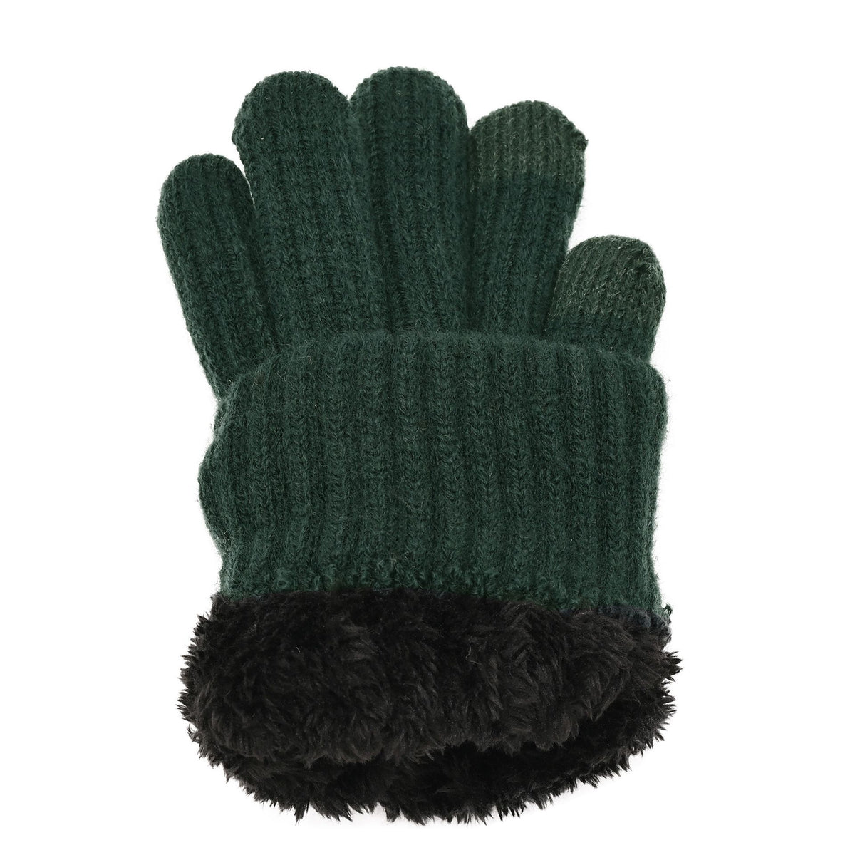 Dark green knitted glove with ribbed cuff and soft black fur trim