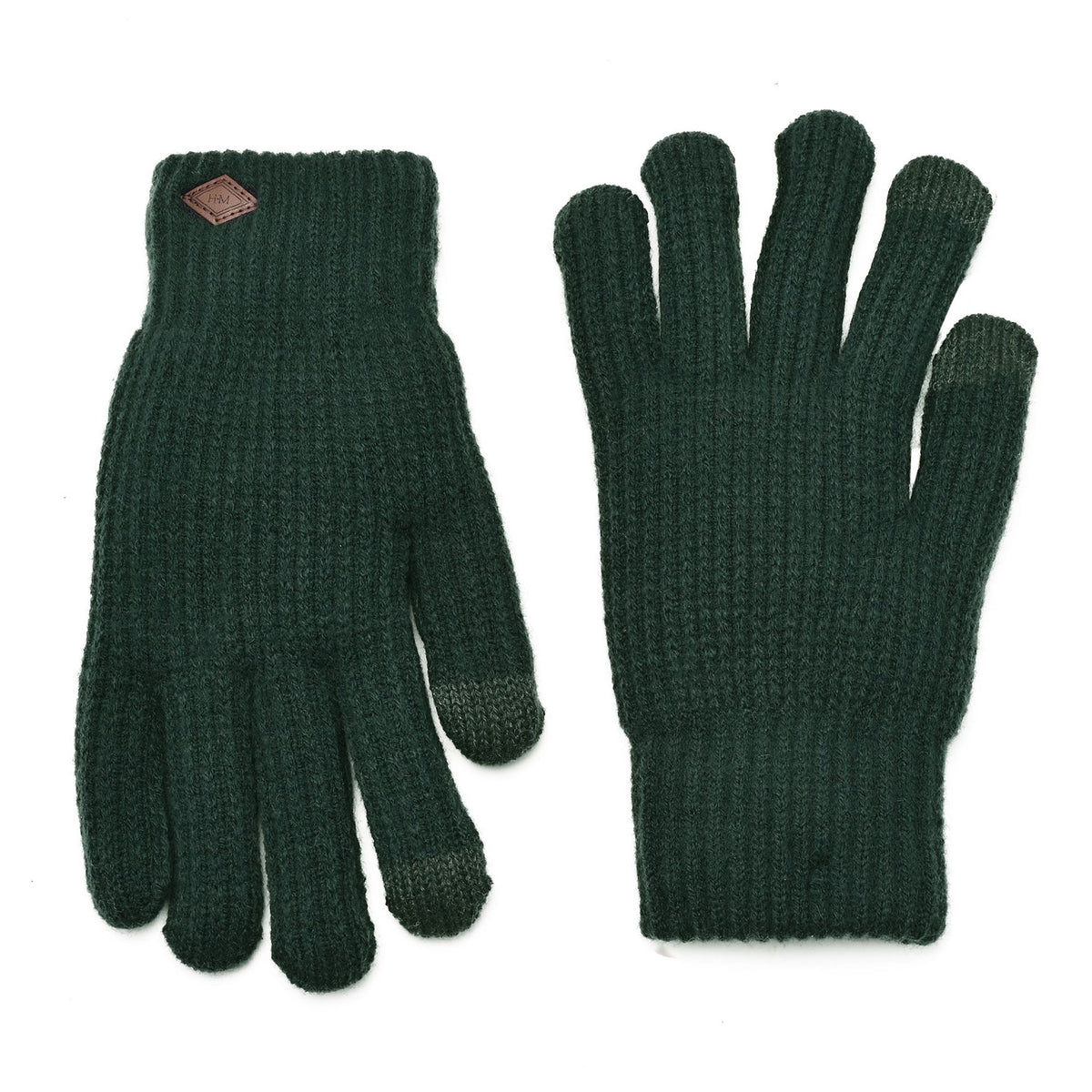Two green knitted gloves with leather logo patch, one cuff side view