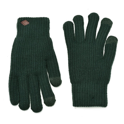 Two green knitted gloves with leather logo patch, one cuff side view