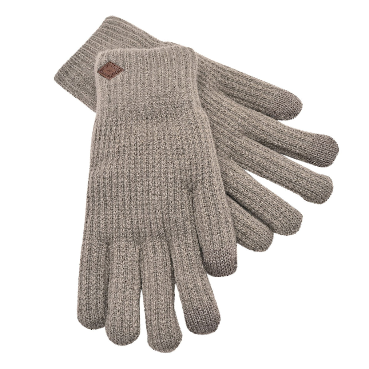Grey knit gloves set, three-quarter view with leather logo patch