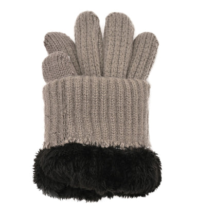 Grey knit glove with ribbed cuff and dark faux-fur trim