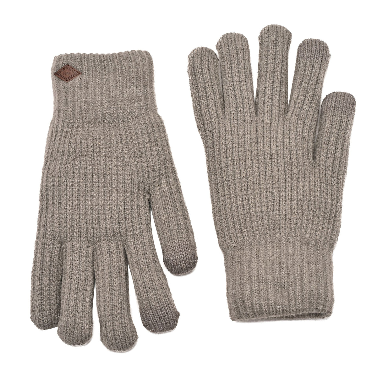 Pair of grey knit gloves with ribbed cuffs and leather logo patches