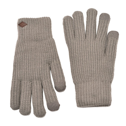 Pair of grey knit gloves with ribbed cuffs and leather logo patches