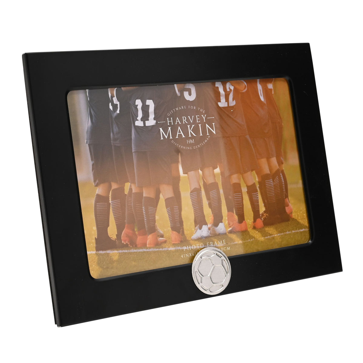 Black 6x4 football photo frame with clear glass and centered soccer ball badge