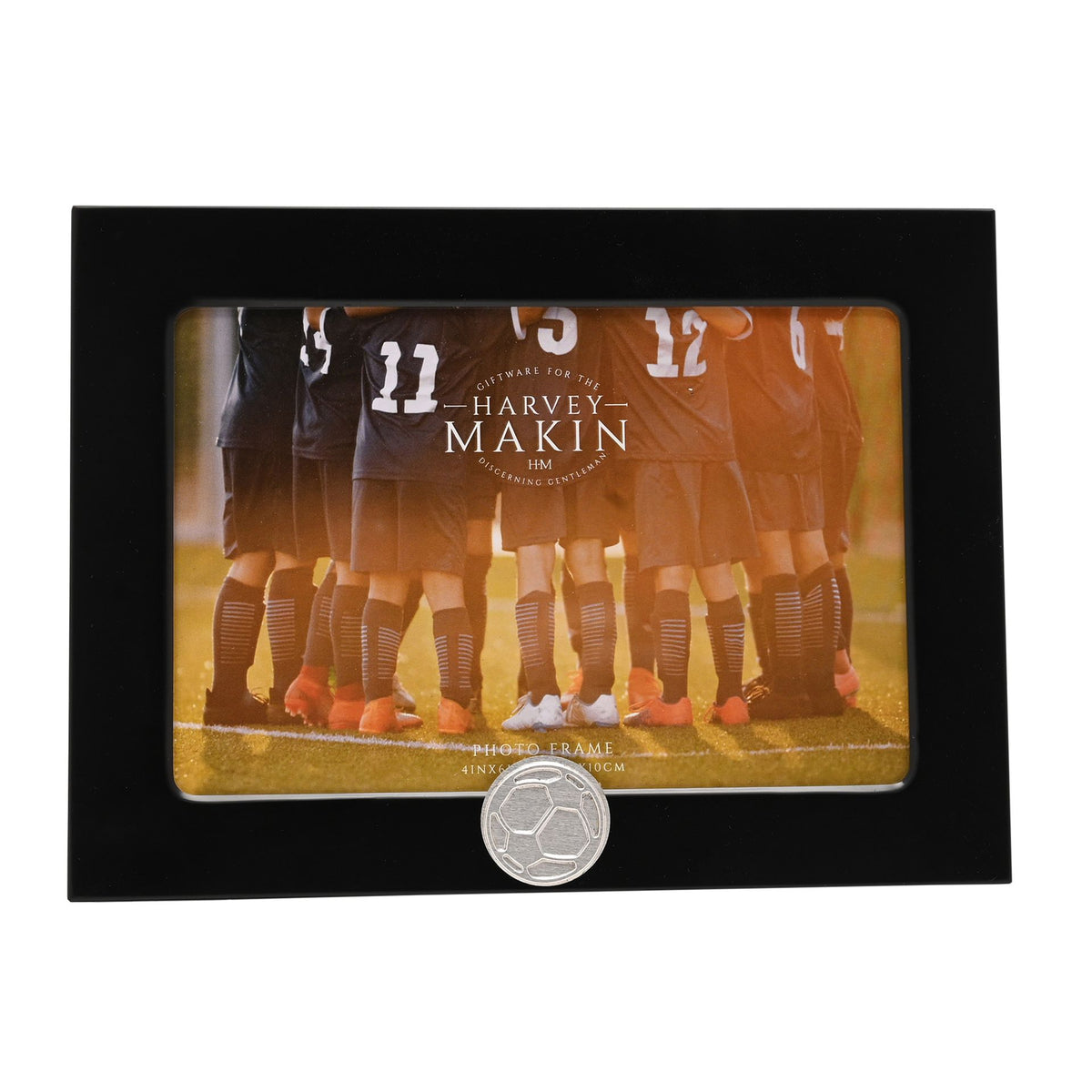 Black 6x4 football photo frame with clear window and soccer ball medallion