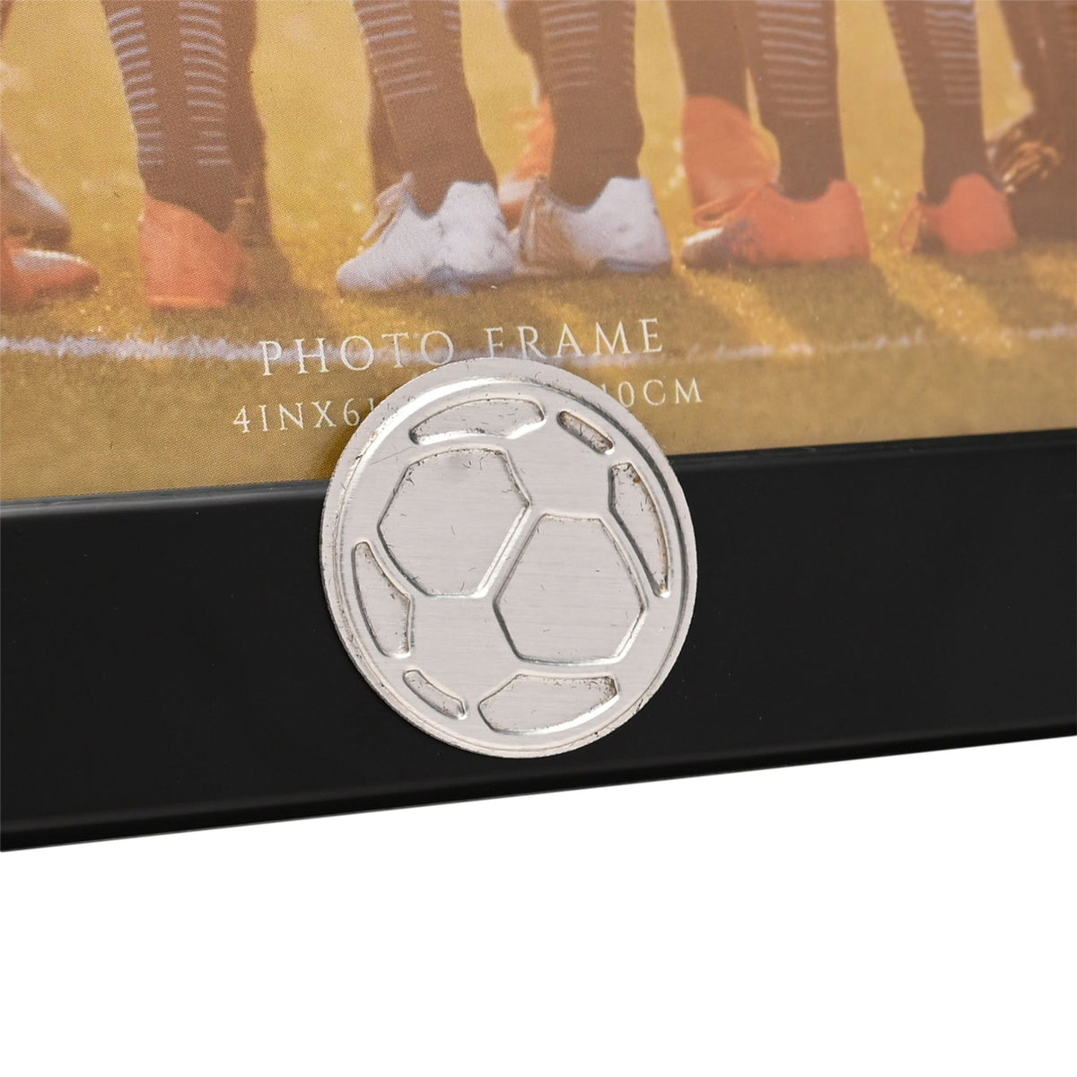 Silver soccer ball emblem on black 6x4 football photo frame