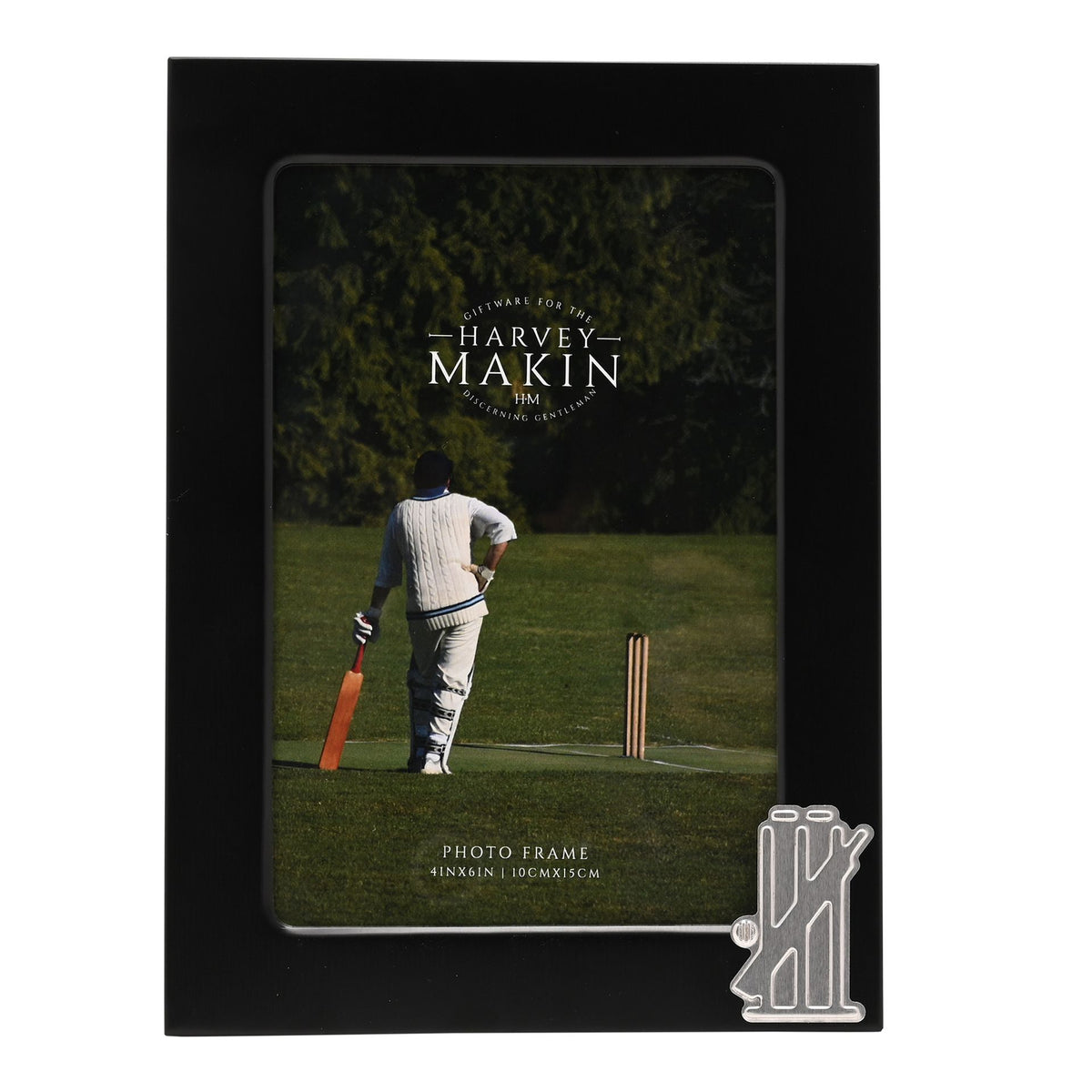 Black photo frame, 4 x 6 inch size, with cricket bat and wickets emblem