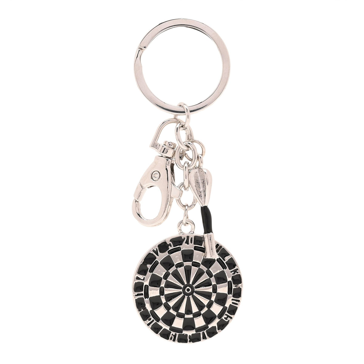 Darts keyring with silver ring, chain, and black-and-white dartboard-style charm