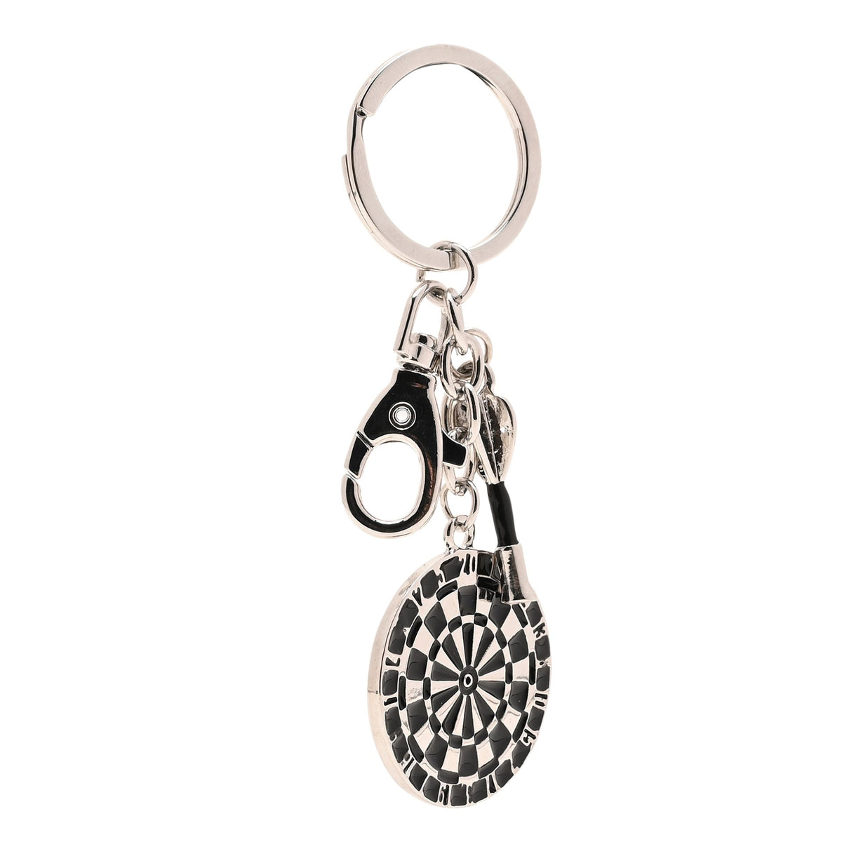 Darts keyring with silver keyring and chain, black dartboard-style round charm