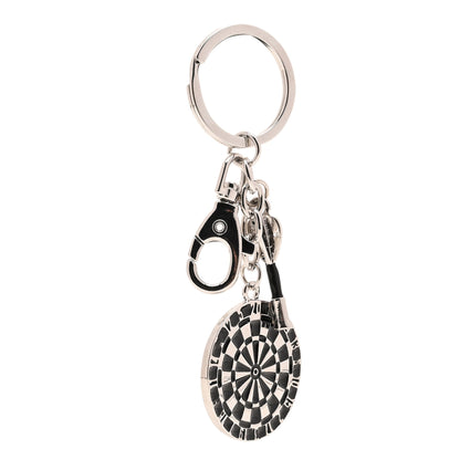 Darts keyring with silver keyring and chain, black dartboard-style round charm