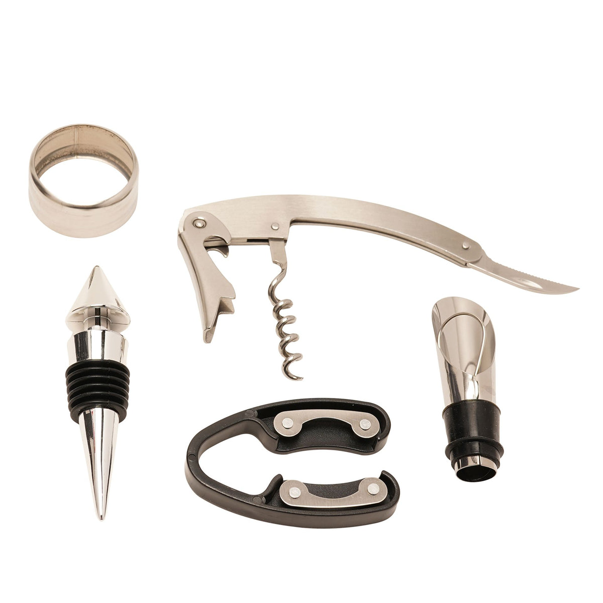 Wine accessory set tools: corkscrew, bottle opener, foil cutter, and cap lifter