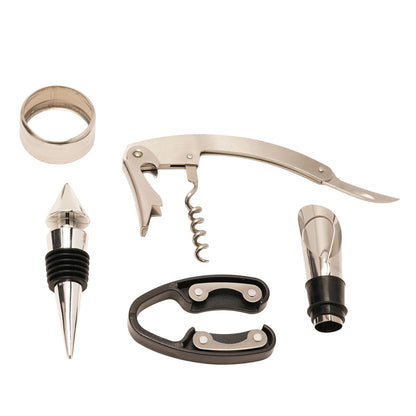 Wine accessory set tools: corkscrew, bottle opener, foil cutter, and cap lifter