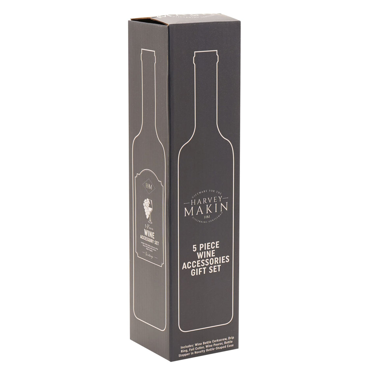 Harvey Makin 5-piece wine accessories gift set box with wine bottle design