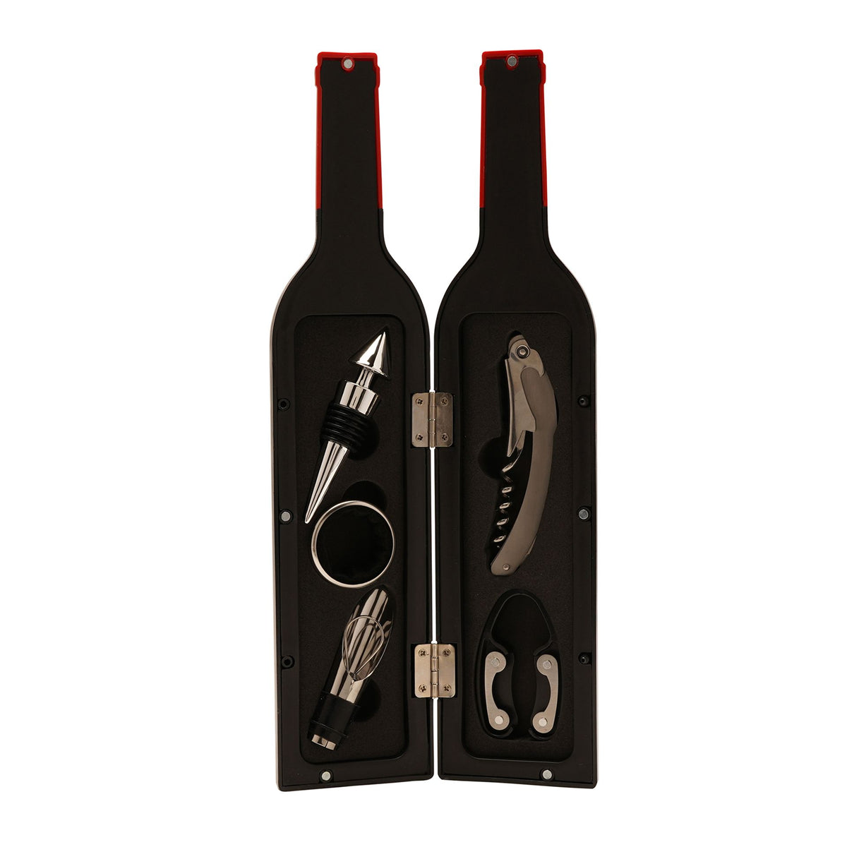 Wine bottle corkscrew set with two black cases and tools, red-edged detailing